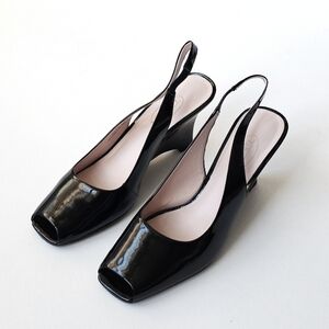 Talbots Black Patent Leather Peep Toe Slingback Wedges Size 8B Brazil